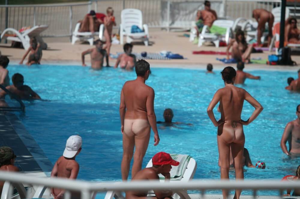 Pool-Shore Group Exercise - The practice of nudism promotes freedom from fears and insecurities